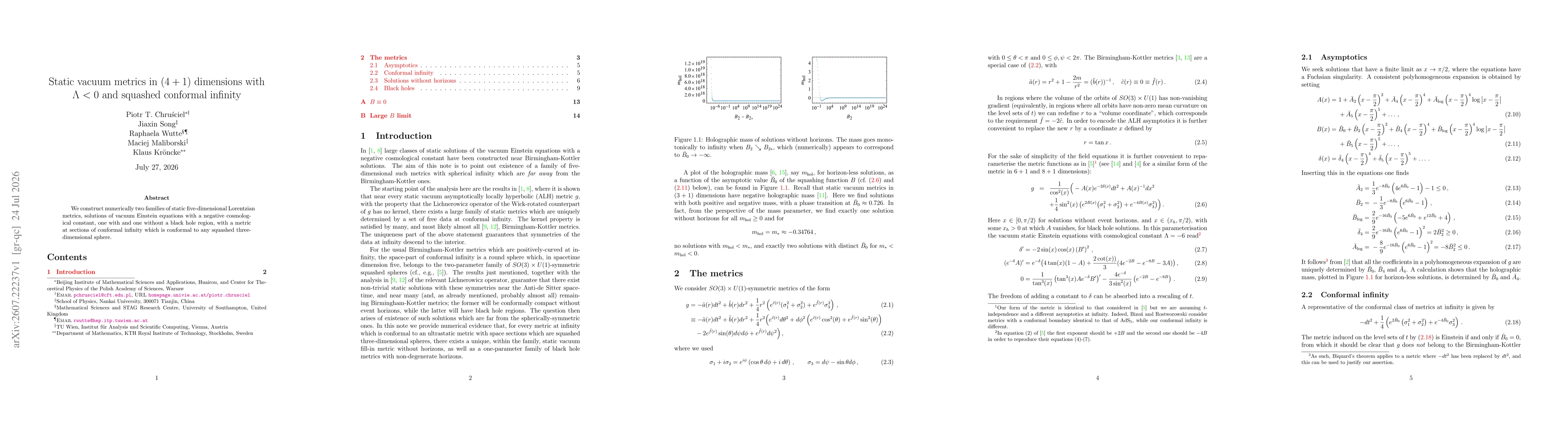 Thumbnail for Static vacuum metrics in (4 + 1) dimensions with Λ < 0 and squashed conformal infinity