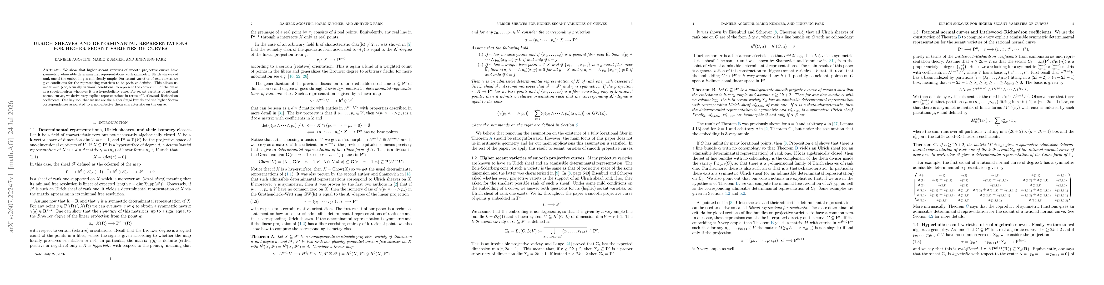 Thumbnail for Ulrich sheaves and determinantal representations for higher secant varieties of curves