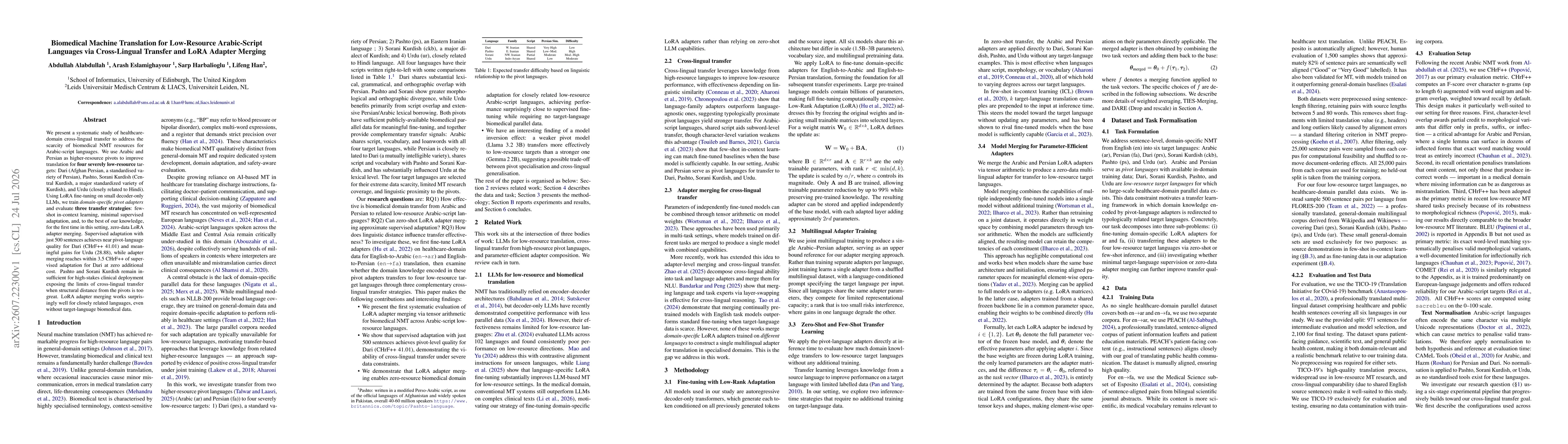 Thumbnail for Biomedical Machine Translation for Low-Resource Arabic-Script Languages via Cross-Lingual Transfer and LoRA Adapter Merging