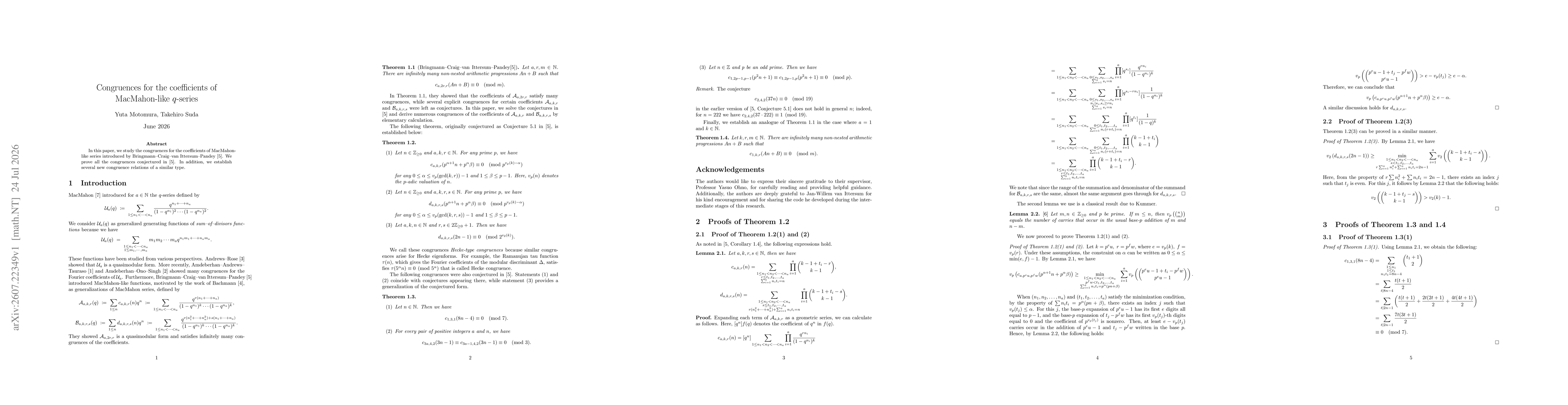 Thumbnail for Congruences for the coefficients of MacMahon-like $q$-series