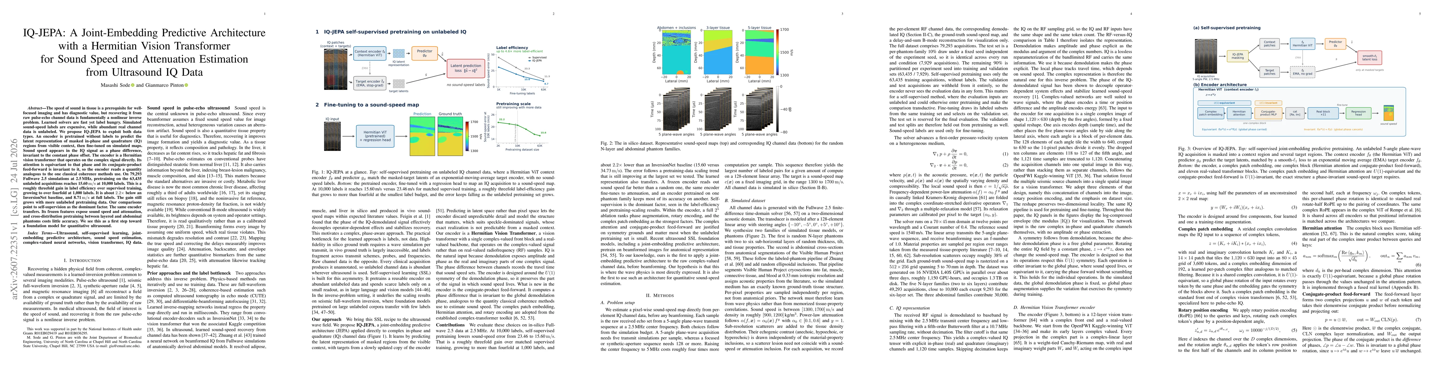 Thumbnail for IQ-JEPA: A Joint-Embedding Predictive Architecture with a Hermitian Vision Transformer for Sound Speed and Attenuation Estimation from Ultrasound IQ Data