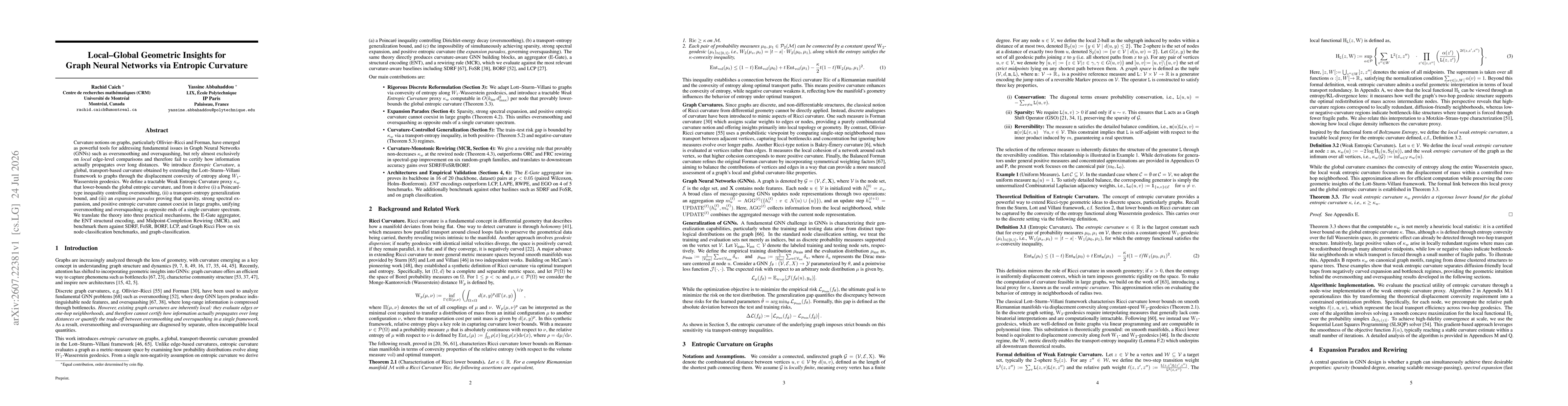 Thumbnail for Local-Global Geometric Insights for Graph Neural Networks via Entropic Curvature