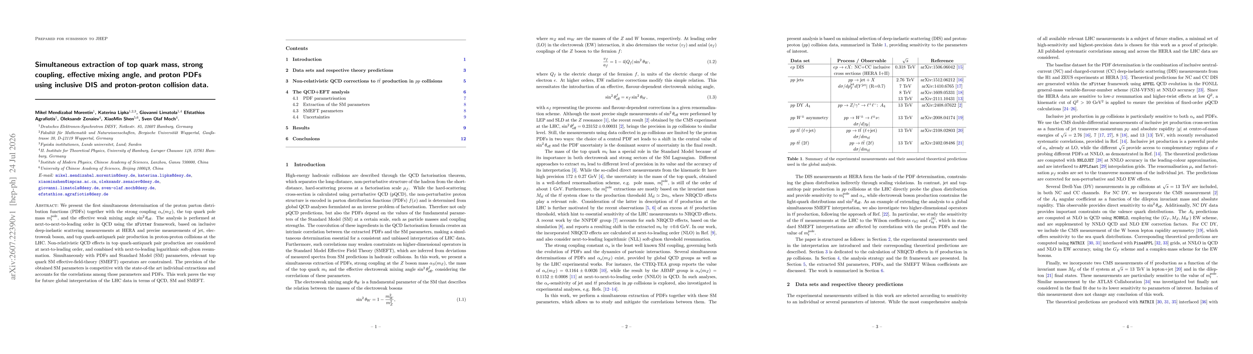 Thumbnail for Simultaneous extraction of top quark mass, strong coupling, effective mixing angle, and proton PDFs using inclusive DIS and proton-proton collision data