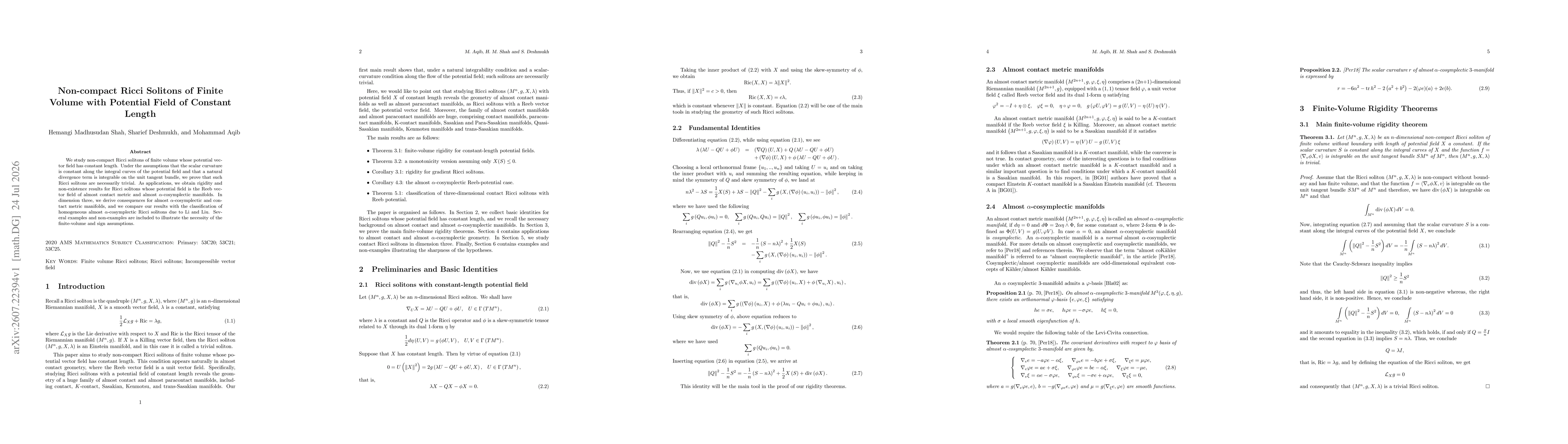 Thumbnail for Non-compact Ricci Solitons of Finite Volume with Potential Field of Constant Length