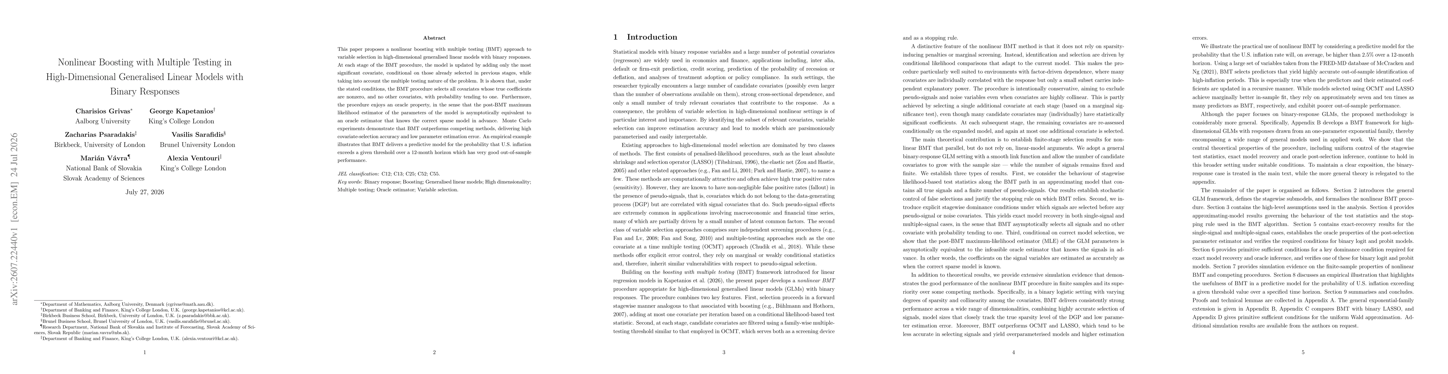 Thumbnail for Nonlinear Boosting with Multiple Testing in High-Dimensional Generalised Linear Models with Binary Responses
