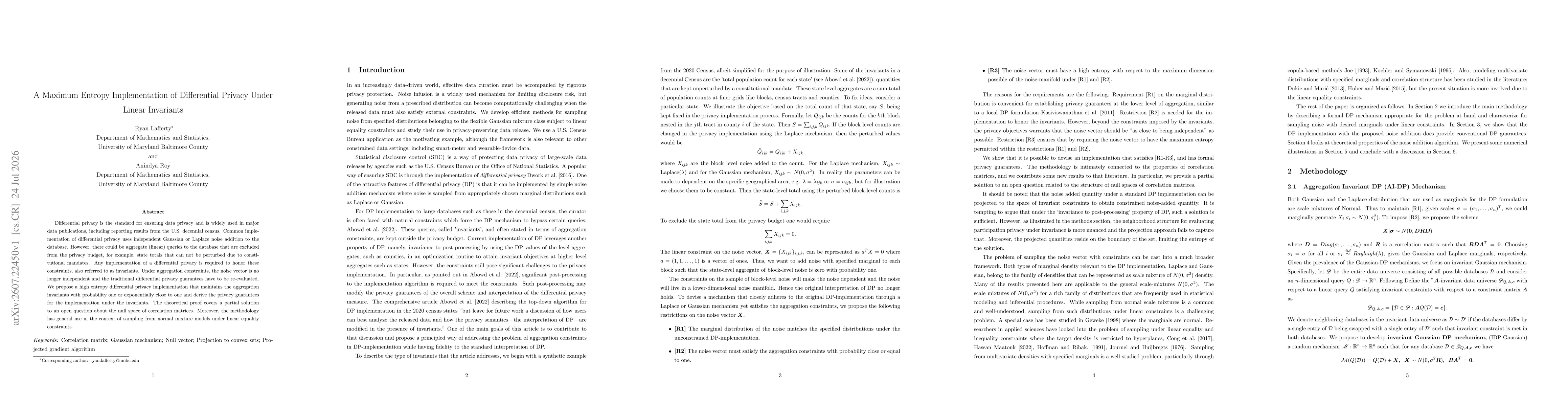 Thumbnail for A Maximum Entropy Implementation of Differential Privacy Under Linear Invariants