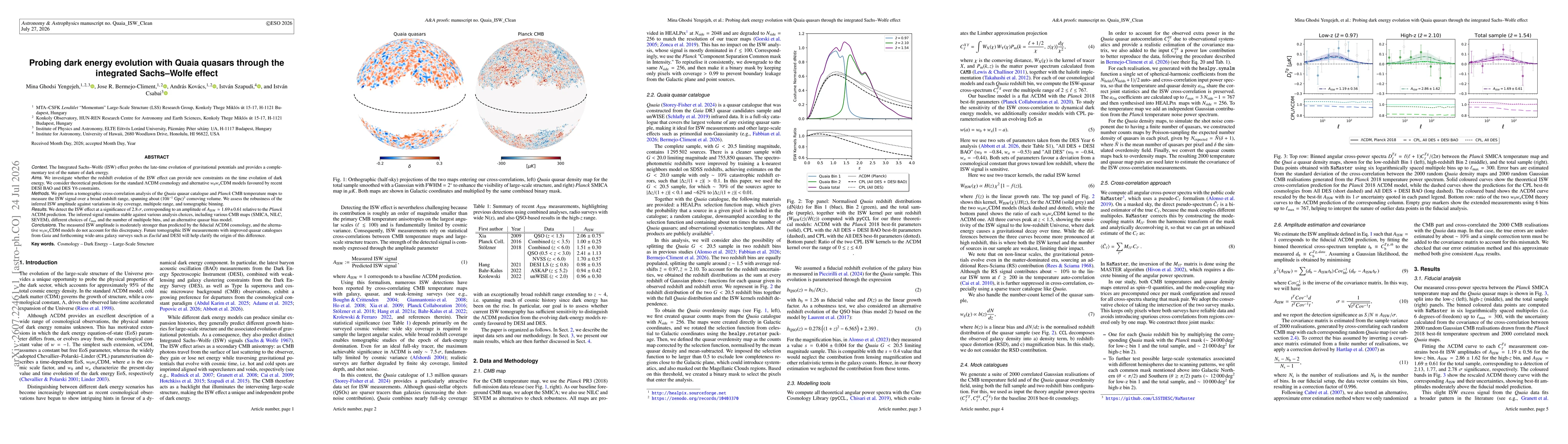 Thumbnail for Probing dark energy evolution with Quaia quasars through the integrated Sachs-Wolfe effect