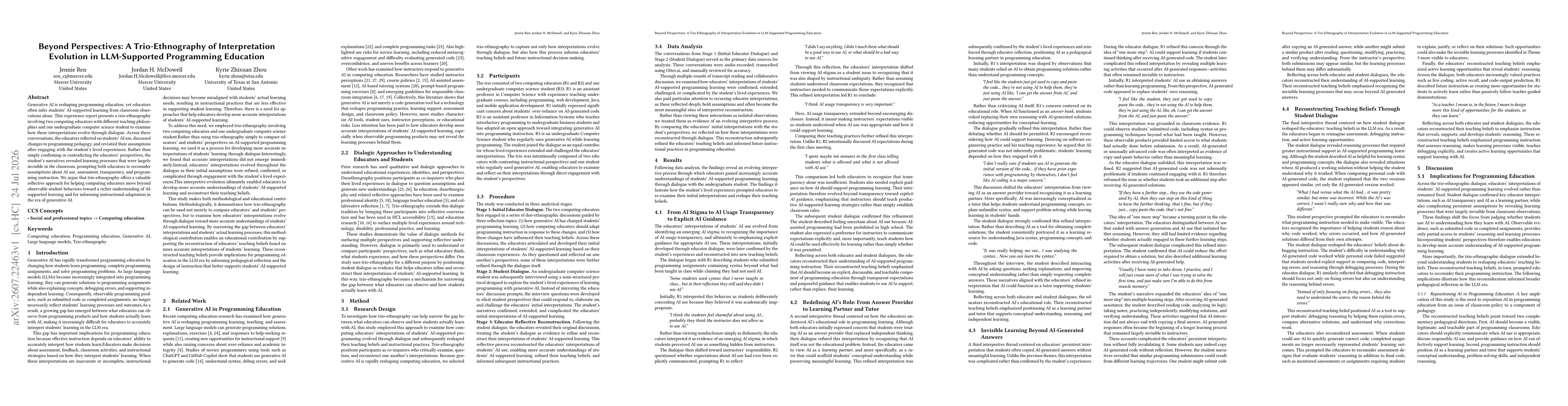 Thumbnail for Beyond Perspectives: A Trio-Ethnography of Interpretation Evolution in LLM-Supported Programming Education
