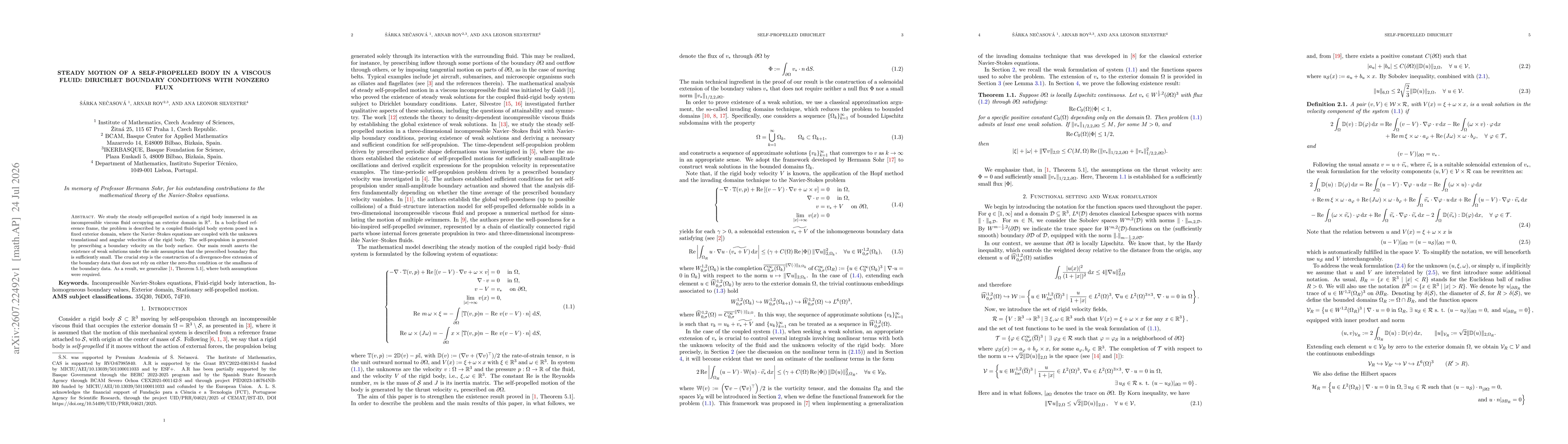 Thumbnail for Steady Motion of a Self-Propelled Body in a Viscous Fluid: Dirichlet Boundary Conditions with Nonzero Flux