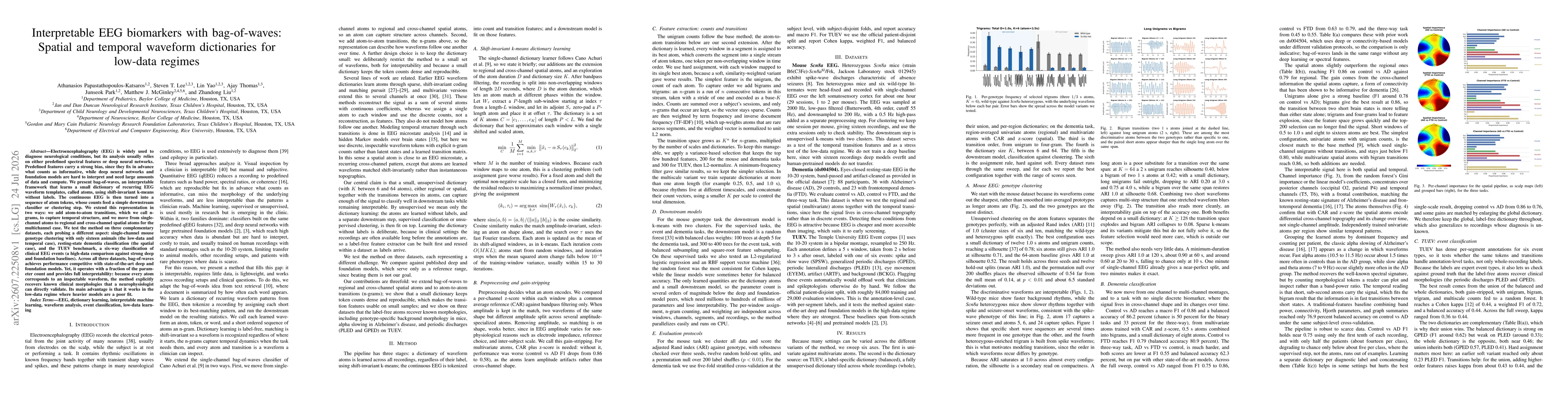 Thumbnail for Interpretable EEG biomarkers with bag-of-waves: Spatial and temporal waveform dictionaries for low-data regimes