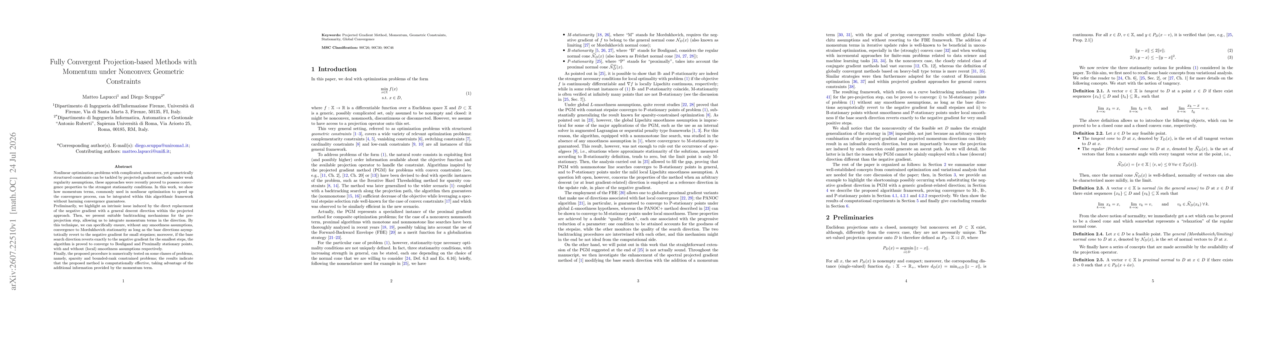 Thumbnail for Fully Convergent Projection-based Methods with Momentum under Nonconvex Geometric