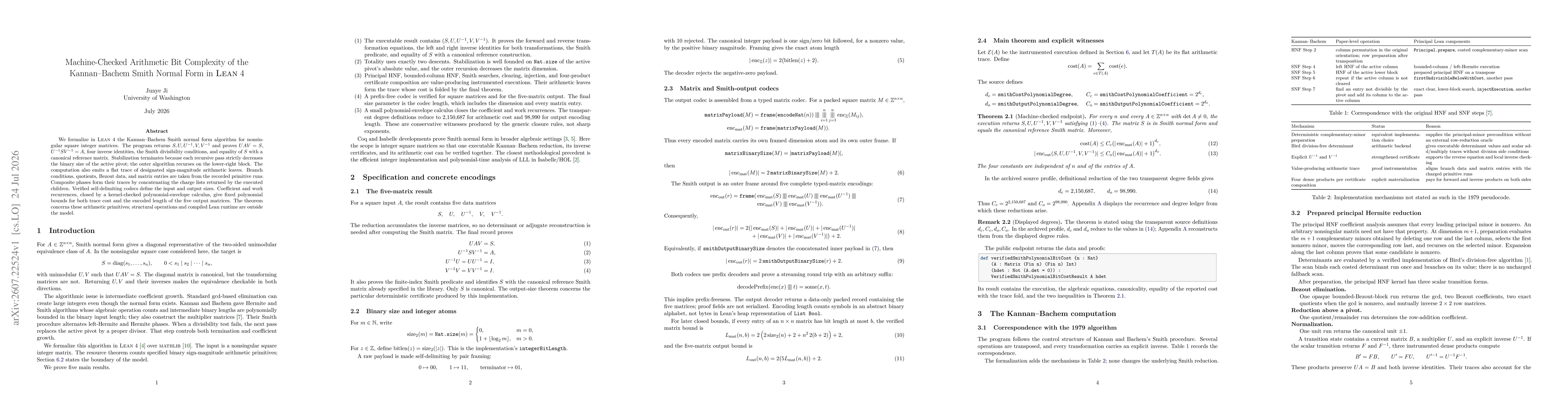 Thumbnail for Machine-Checked Arithmetic Bit Complexity of the Kannan-Bachem Smith Normal Form in Lean 4