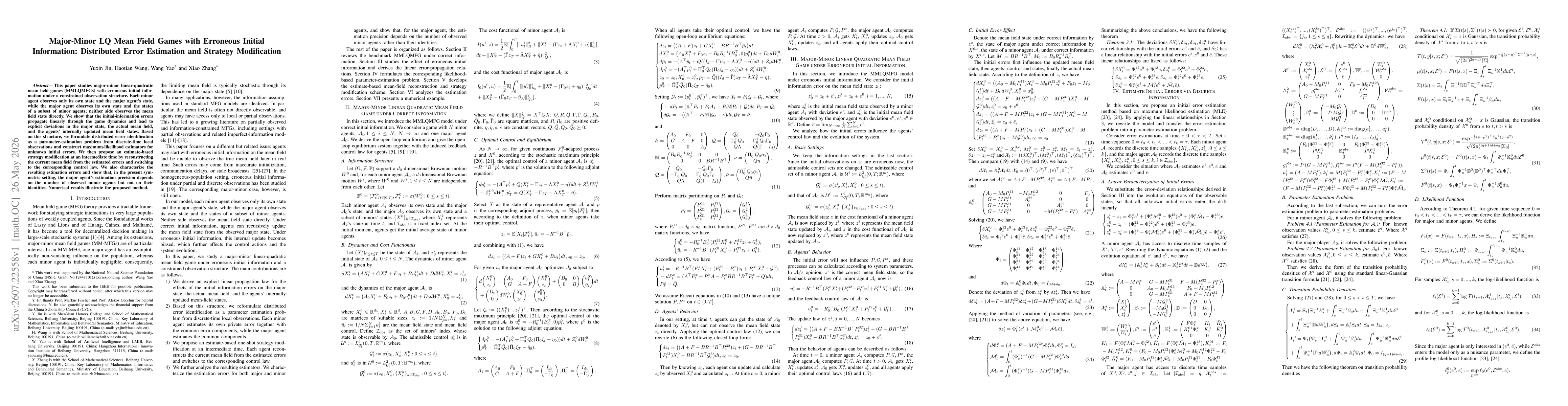 Thumbnail for Major-Minor LQ Mean Field Games with Erroneous Initial Information: Distributed Error Estimation and Strategy Modification