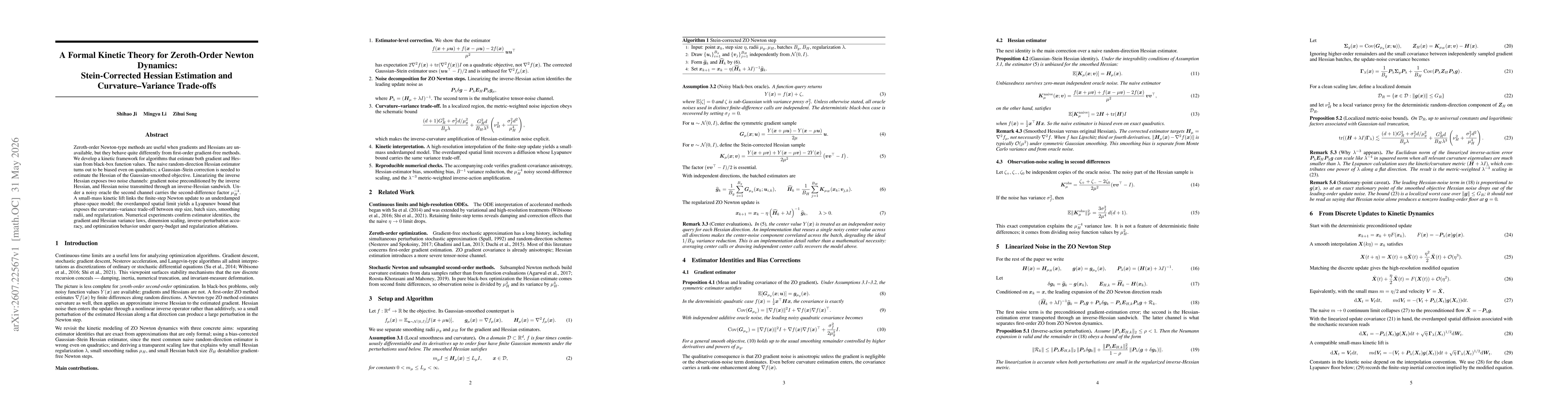 Thumbnail for A Formal Kinetic Theory for Zeroth-Order Newton Dynamics:Stein-Corrected Hessian Estimation and Curvature--Variance Trade-offs