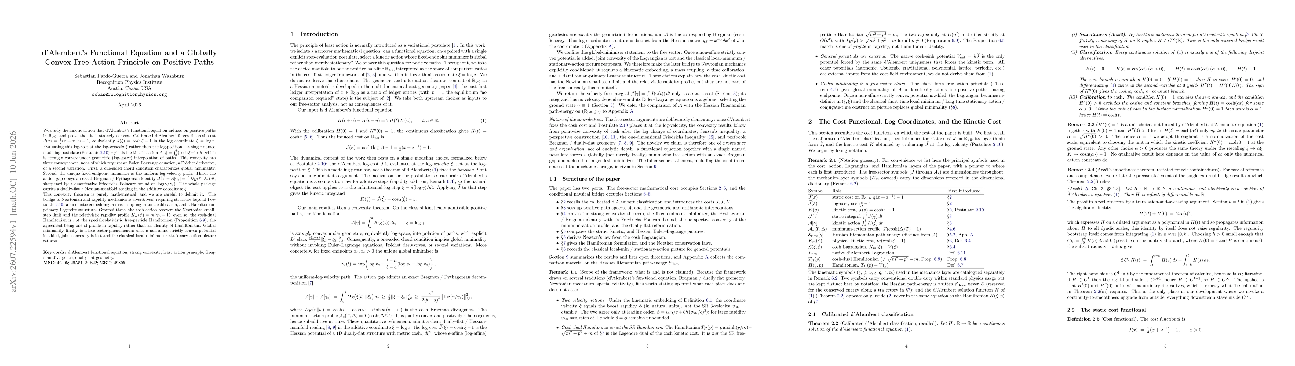 Thumbnail for d'Alembert's Functional Equation and a Globally Convex Free-Action Principle on Positive Paths