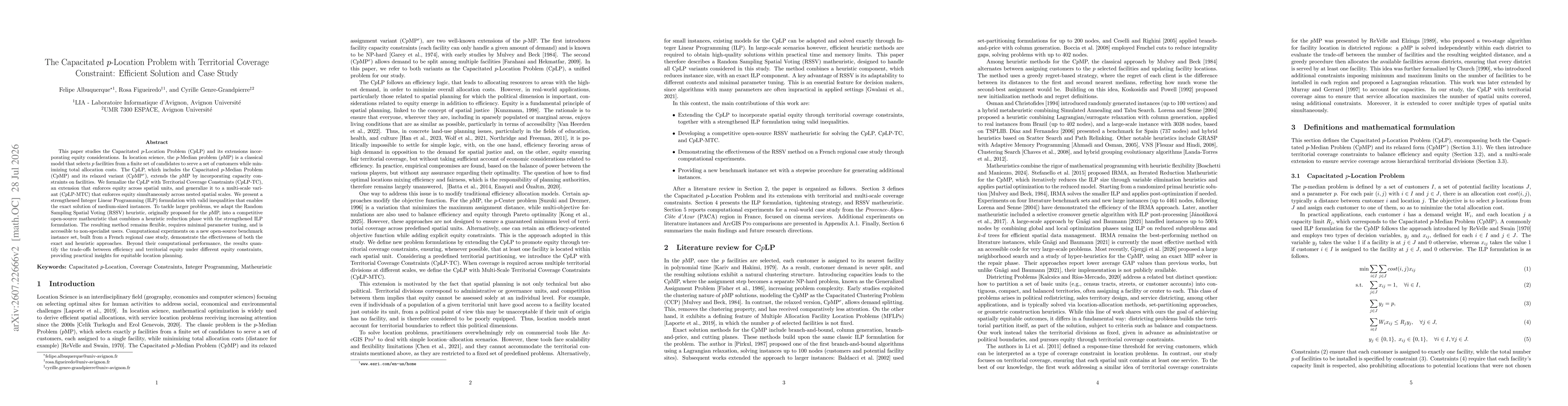 Thumbnail for The Capacitated $p$-Location Problem with Territorial Coverage Constraints: Efficient Solution and Case Study