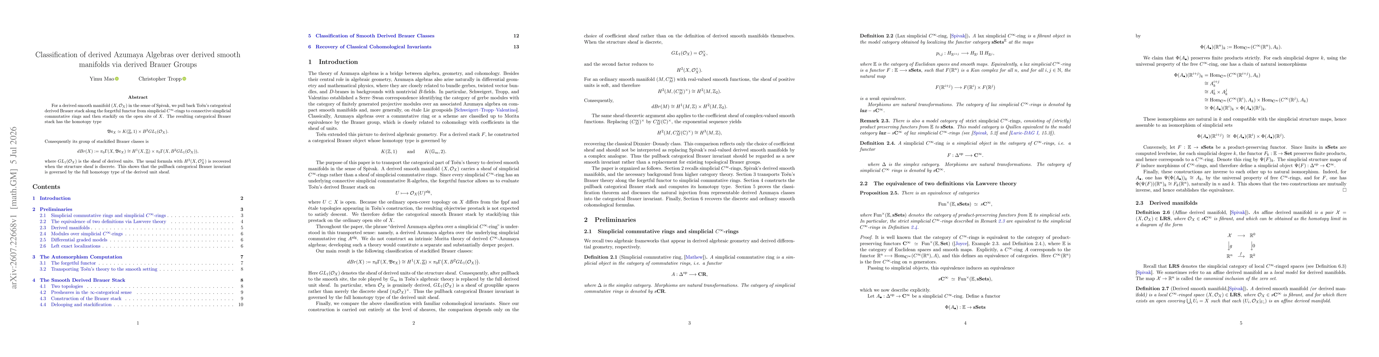 Thumbnail for Classification of derived Azumaya Algebras over derived smooth manifolds via derived Brauer Groups