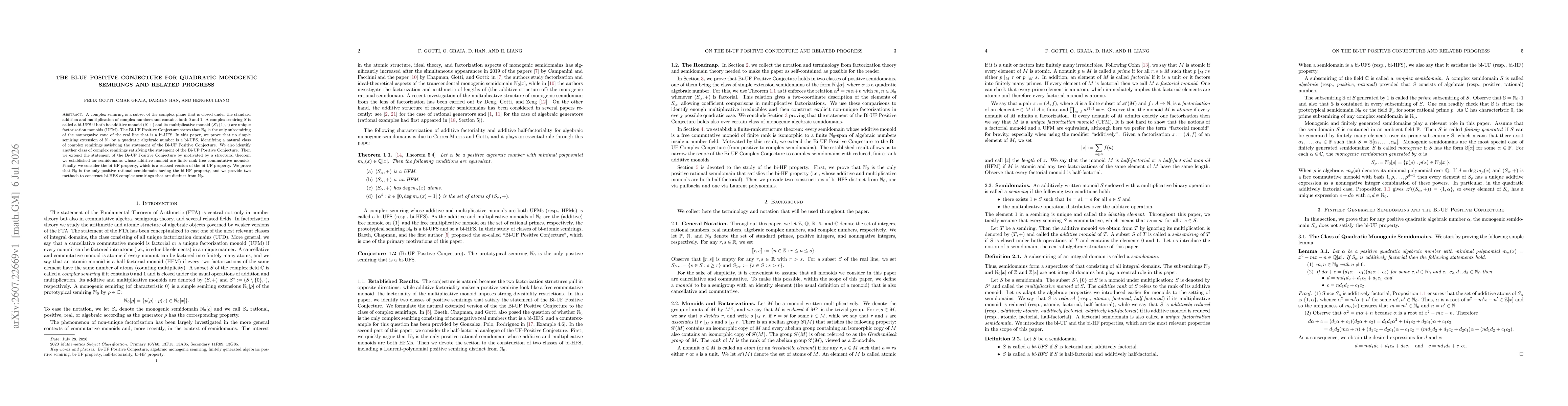 Thumbnail for The Bi-UF Positive Conjecture for quadratic monogenic semirings and related progress