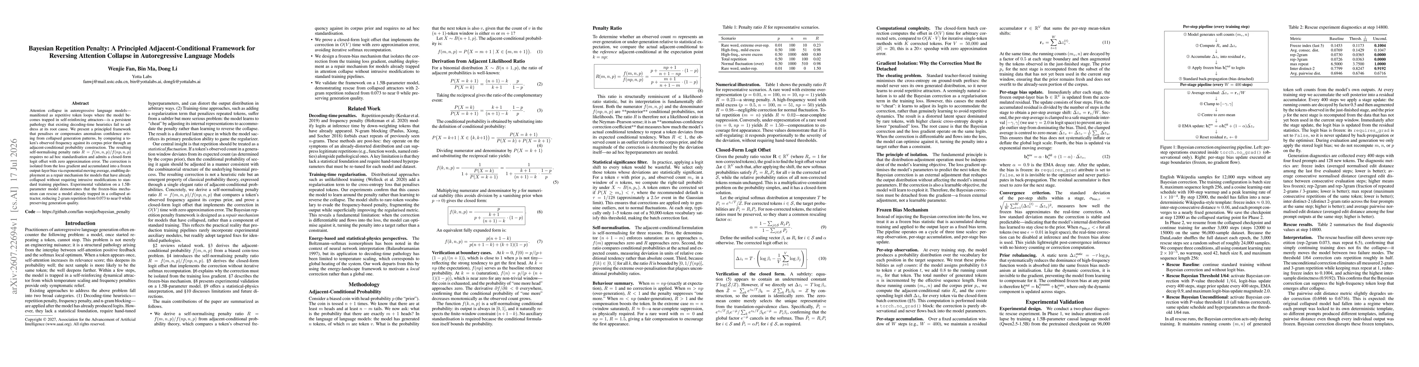 Thumbnail for Bayesian Repetition Penalty: A Principled Adjacent-Conditional Framework for Reversing Attention Collapse in Autoregressive Language Models