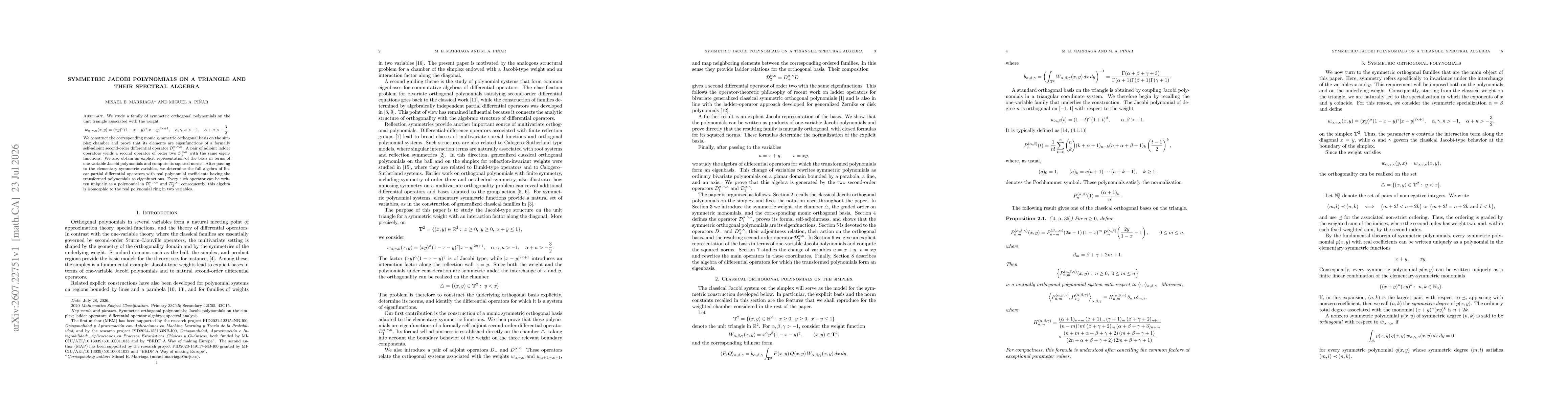 Thumbnail for Symmetric Jacobi Polynomials on a Triangle and Their Spectral Algebra