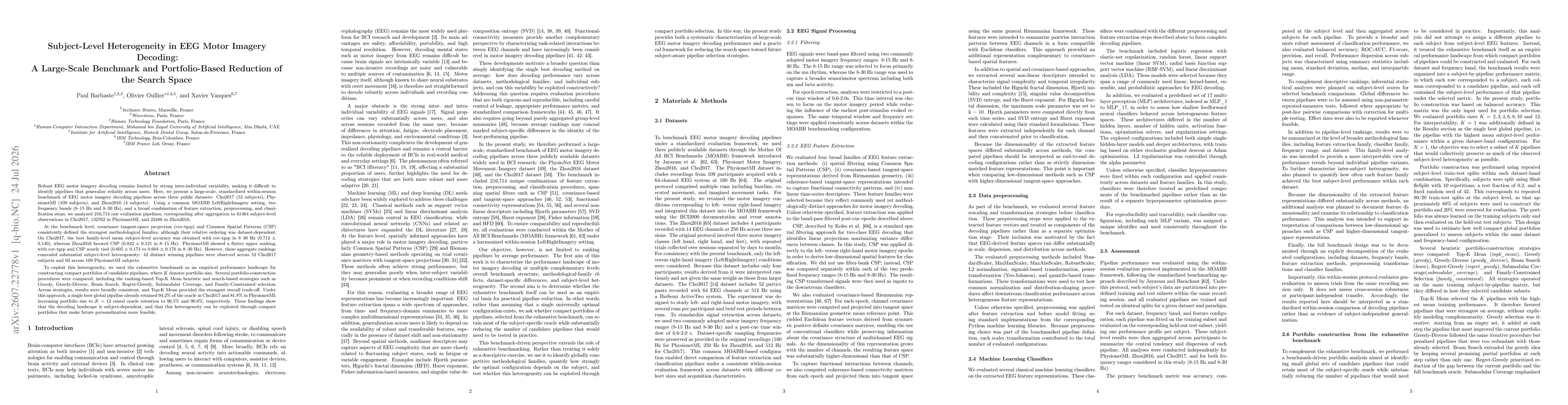 Thumbnail for Subject-Level Heterogeneity in EEG Motor Imagery Decoding: A Large-Scale Benchmark and Portfolio-Based Reduction of the Search Space