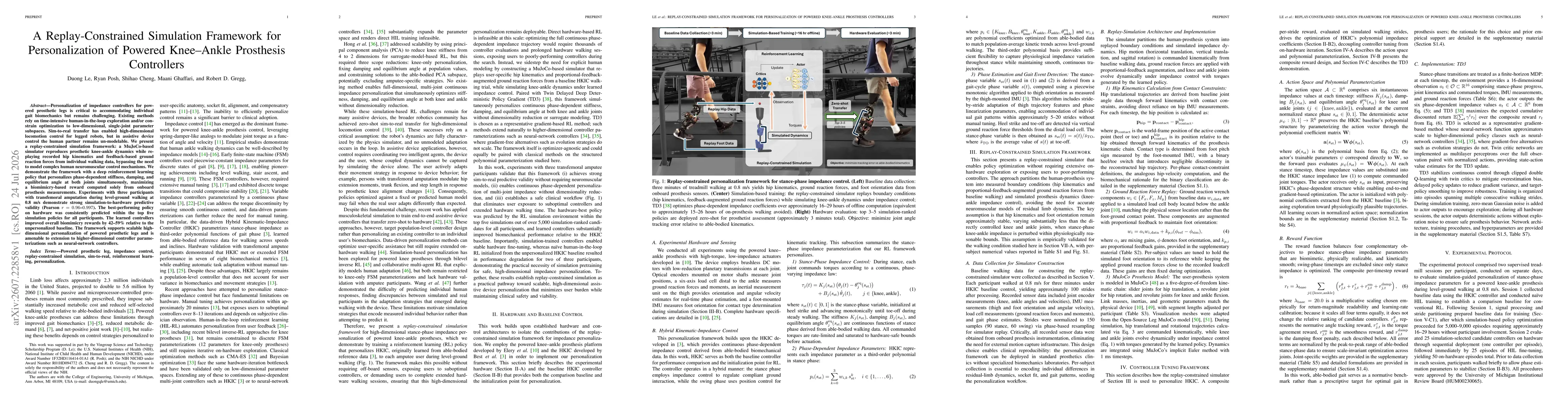 Thumbnail for A Replay-Constrained Simulation Framework for Personalization of Powered Knee--Ankle Prosthesis Controllers