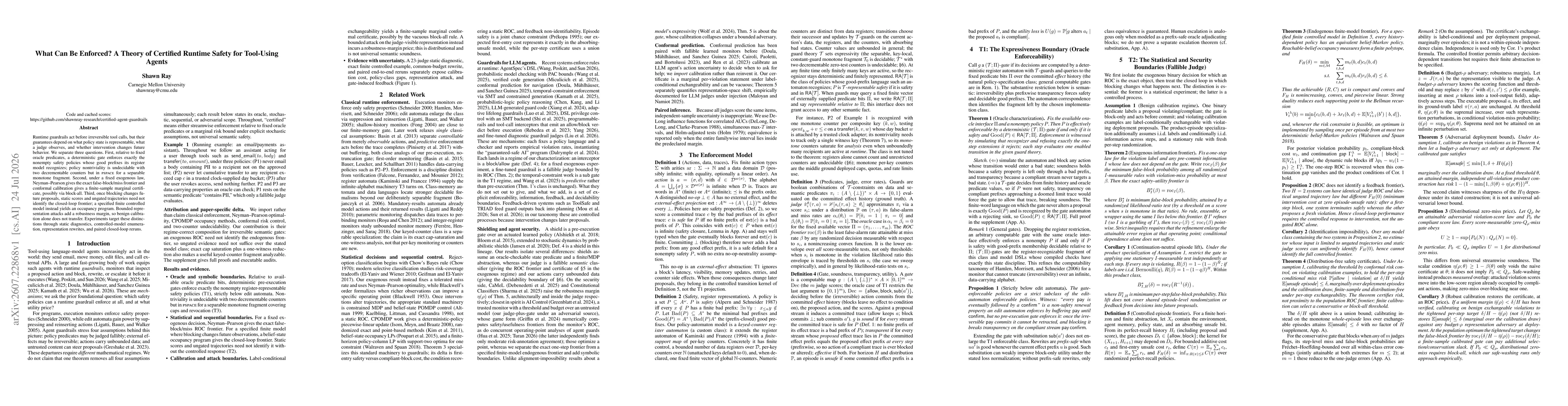 Thumbnail for What Can Be Enforced? A Theory of Certified Runtime Safety for Tool-Using Agents