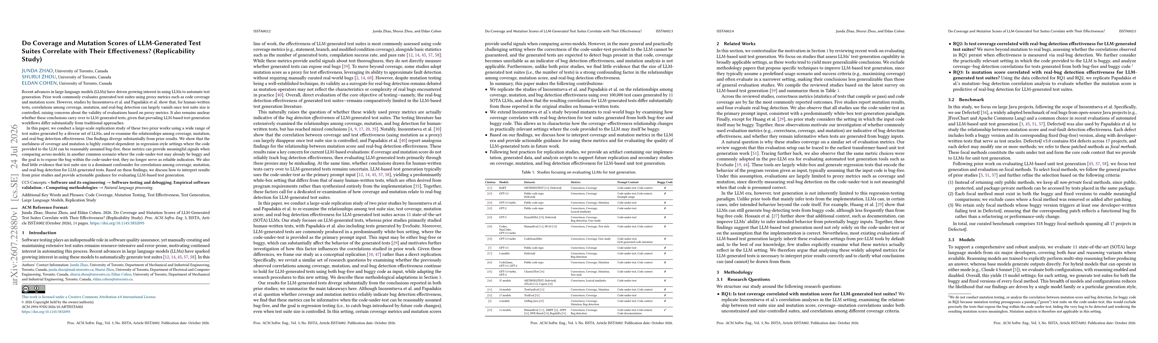 Thumbnail for Do Coverage and Mutation Scores of LLM-Generated Test Suites Correlate with Their Effectiveness? (Replicability Study)