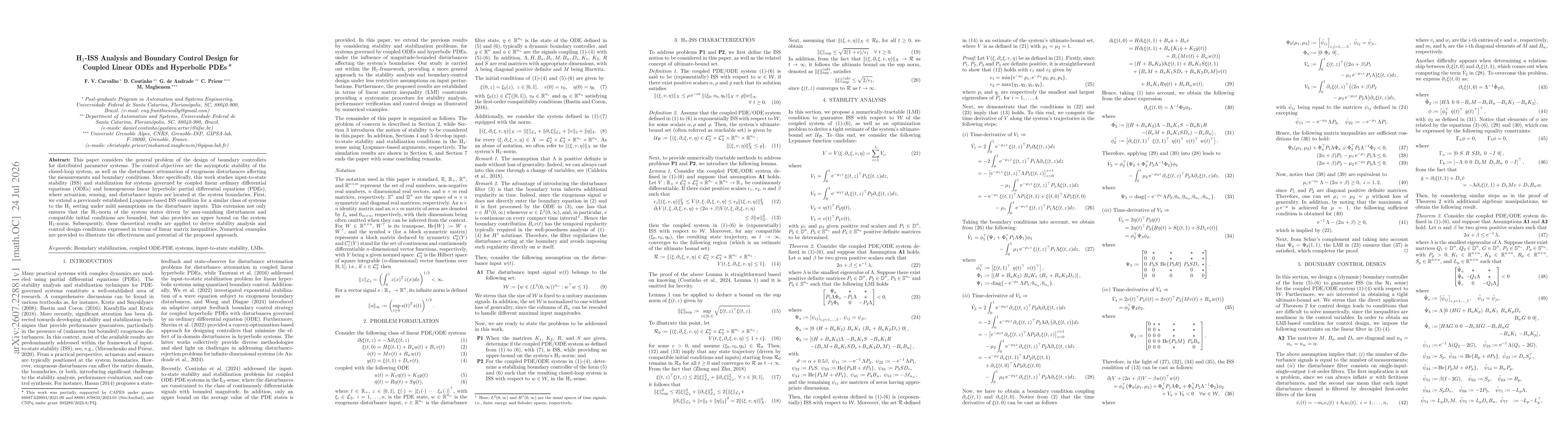 Thumbnail for H$_1$-ISS Analysis and Boundary Control Design for Coupled Linear ODEs and Hyperbolic PDEs