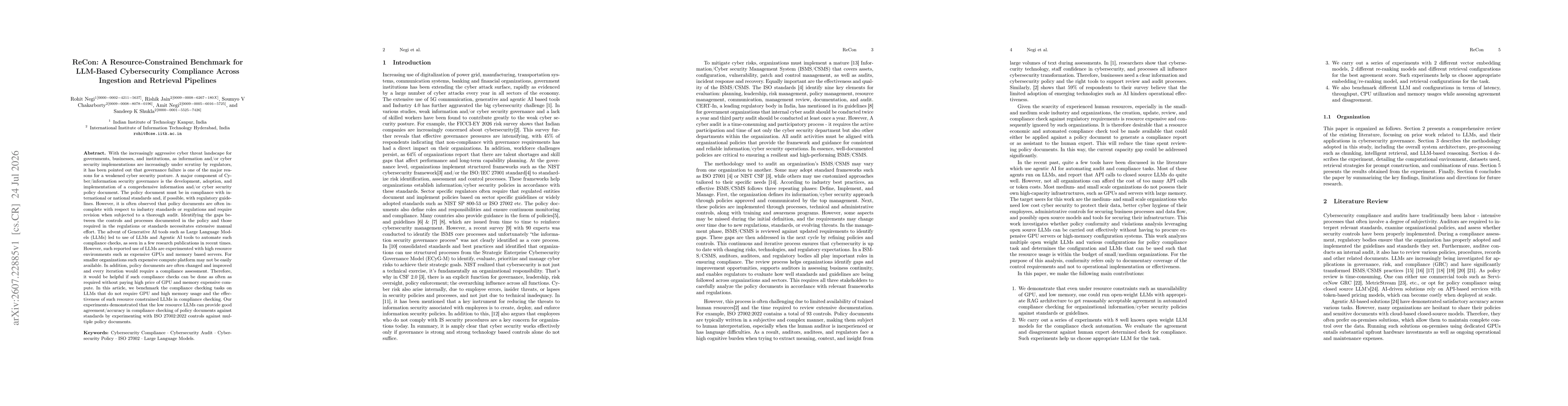 Thumbnail for ReCon: A Resource-Constrained Benchmark for LLM-Based Cybersecurity Compliance Across Ingestion and Retrieval Pipelines