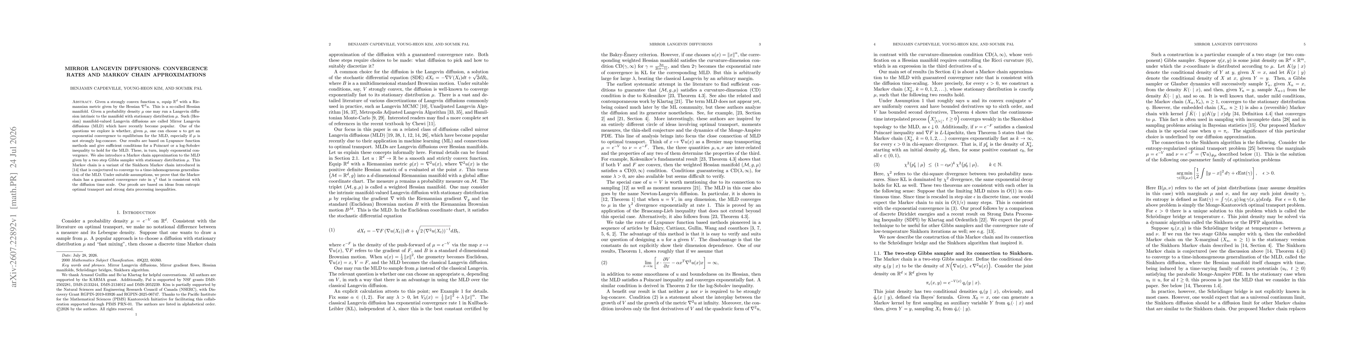 Thumbnail for Mirror Langevin diffusions: Convergence rates and Markov chain approximations