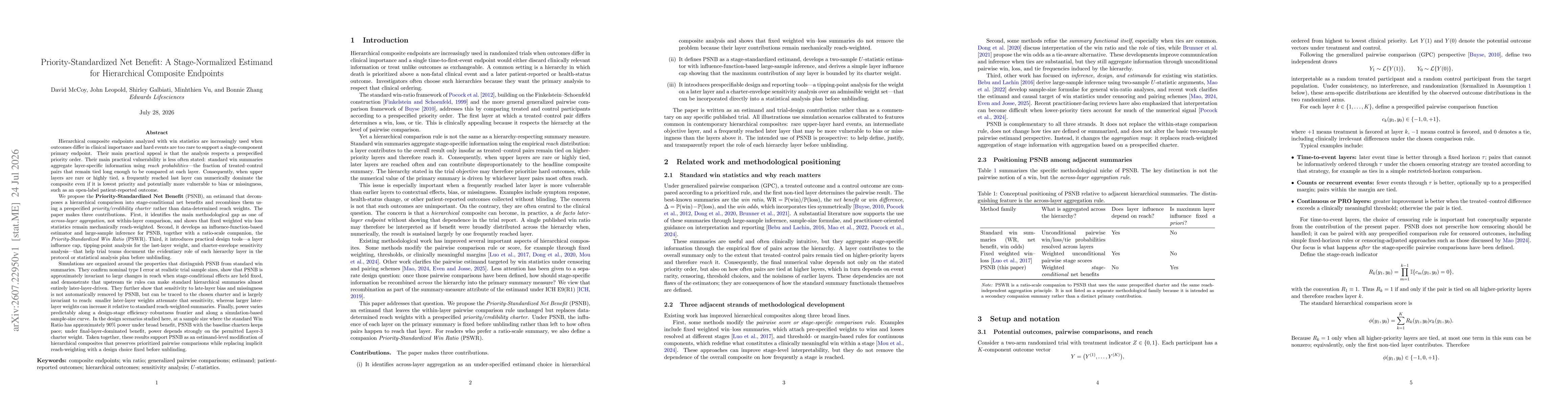 Thumbnail for Priority-Standardized Net Benefit: A Stage-Normalized Estimand for Hierarchical Composite Endpoints