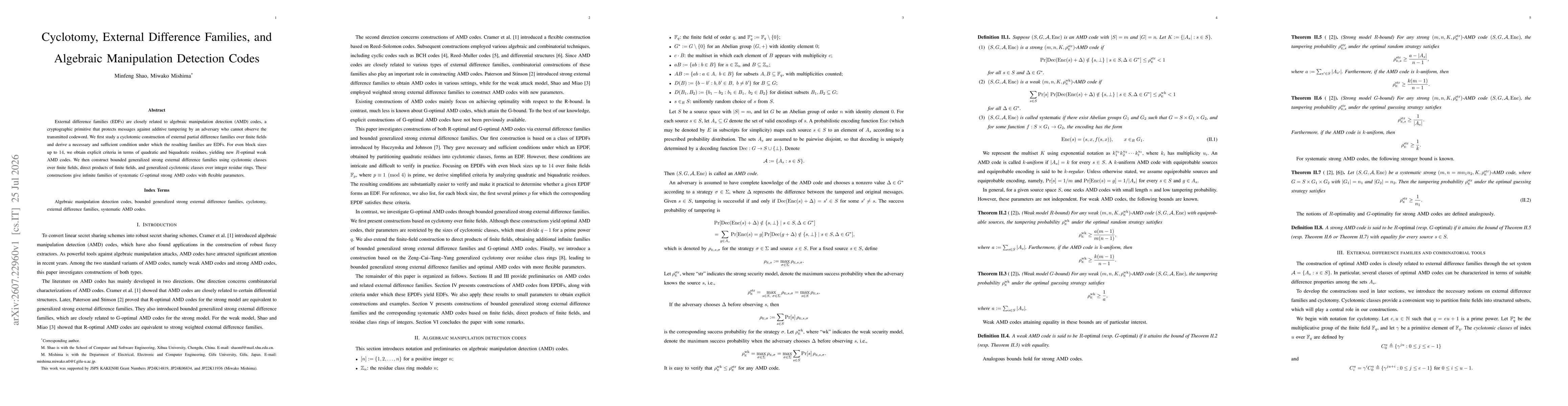 Thumbnail for Cyclotomy, External Difference Families, and Algebraic Manipulation Detection Codes