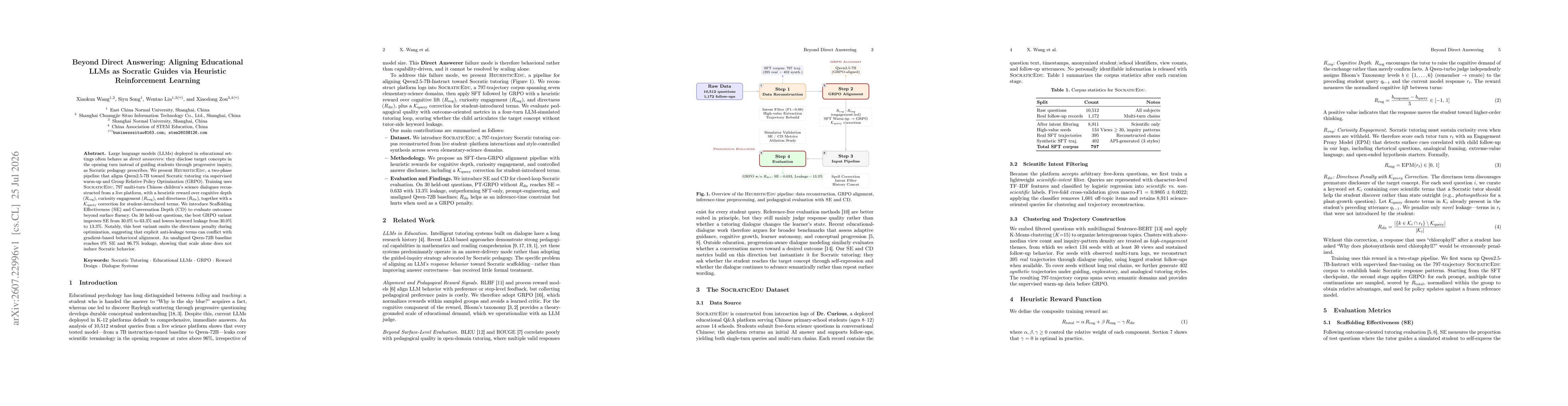 Thumbnail for Beyond Direct Answering: Aligning Educational LLMs as Socratic Guides via Heuristic Reinforcement Learning
