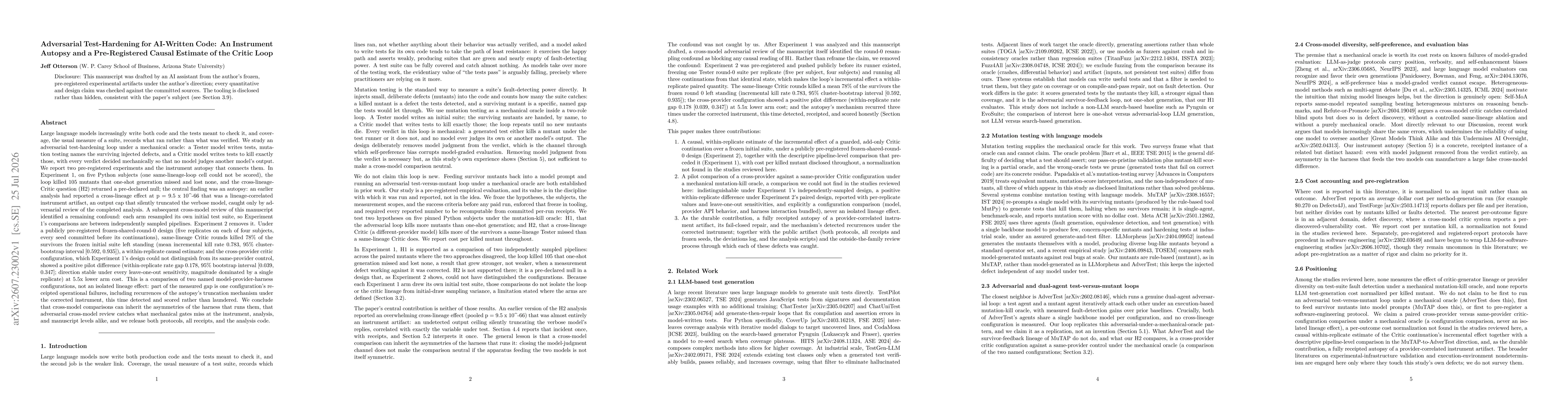 Thumbnail for Adversarial Test-Hardening for AI-Written Code: An Instrument Autopsy and a Pre-Registered Causal Estimate of the Critic Loop