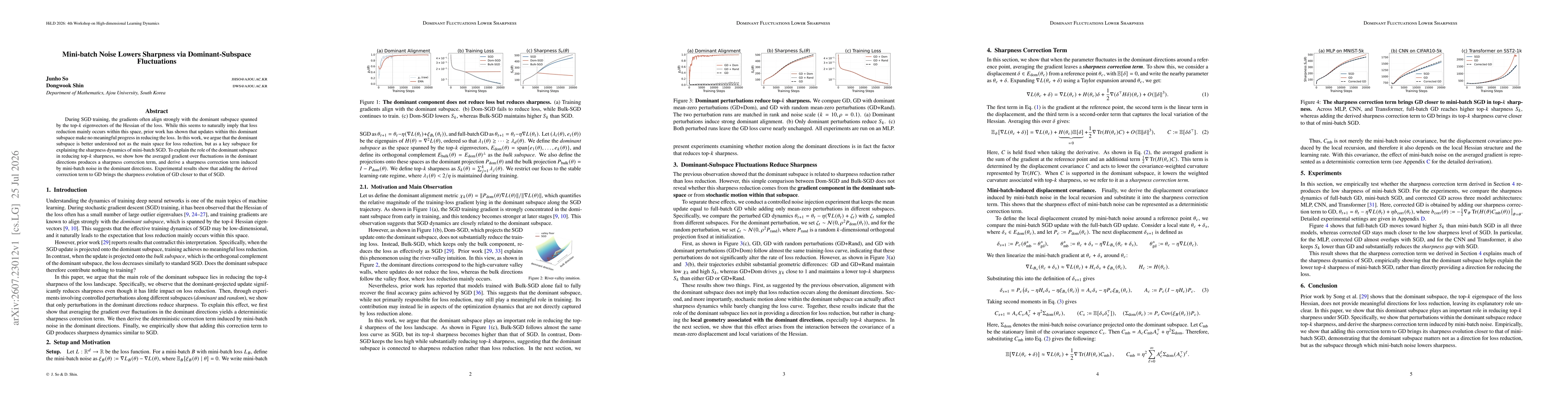 Thumbnail for Mini-batch Noise Lowers Sharpness via Dominant-Subspace Fluctuations