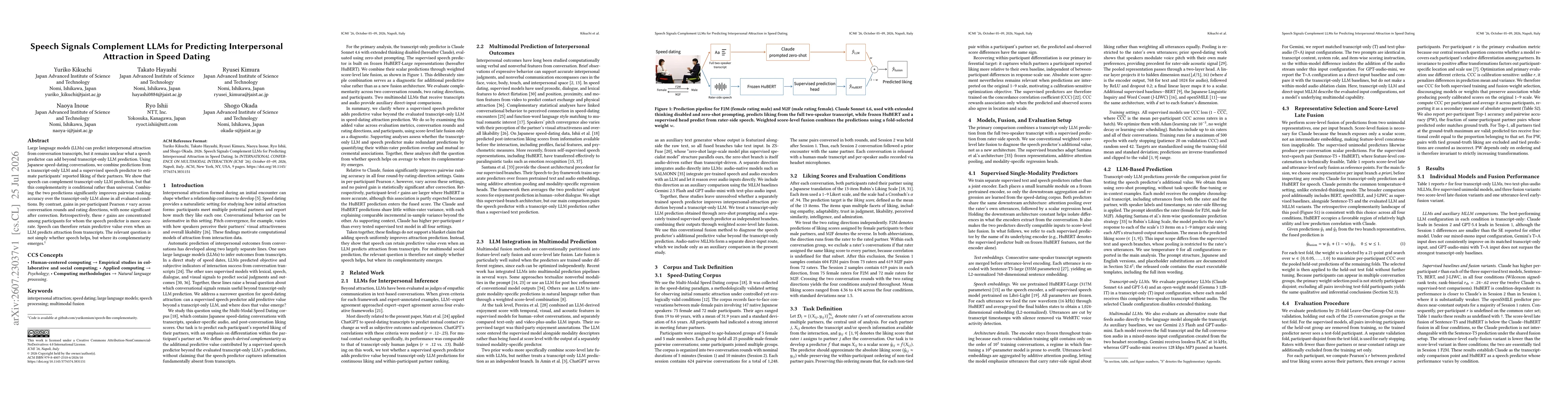 Thumbnail for Speech Signals Complement LLMs for Predicting Interpersonal Attraction in Speed Dating