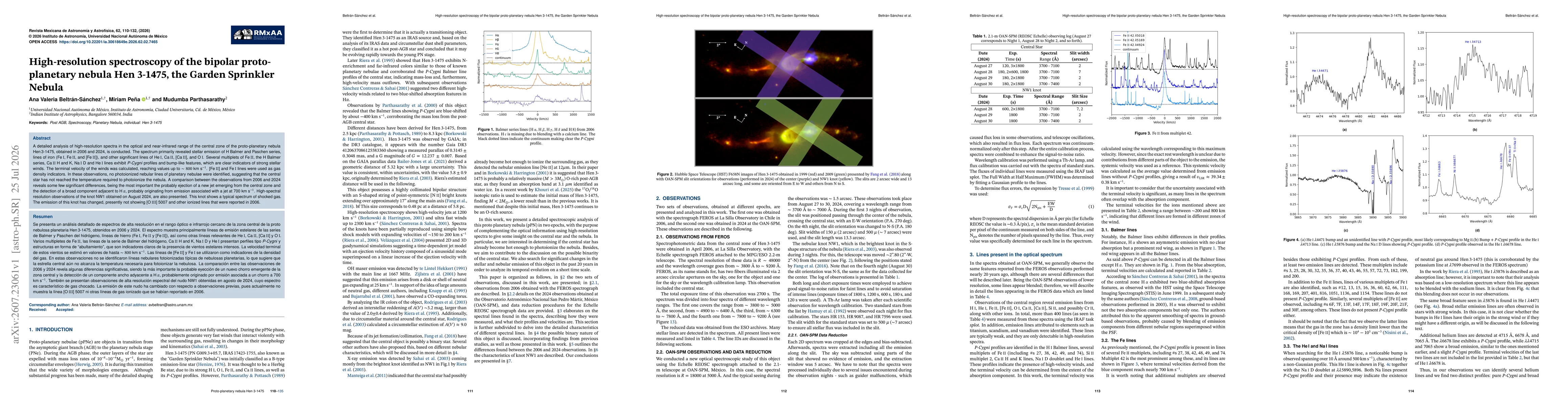 Thumbnail for High-resolution spectroscopy of the bipolar proto-planetary nebula Hen 3-1475, the Garden Sprinkler Nebula