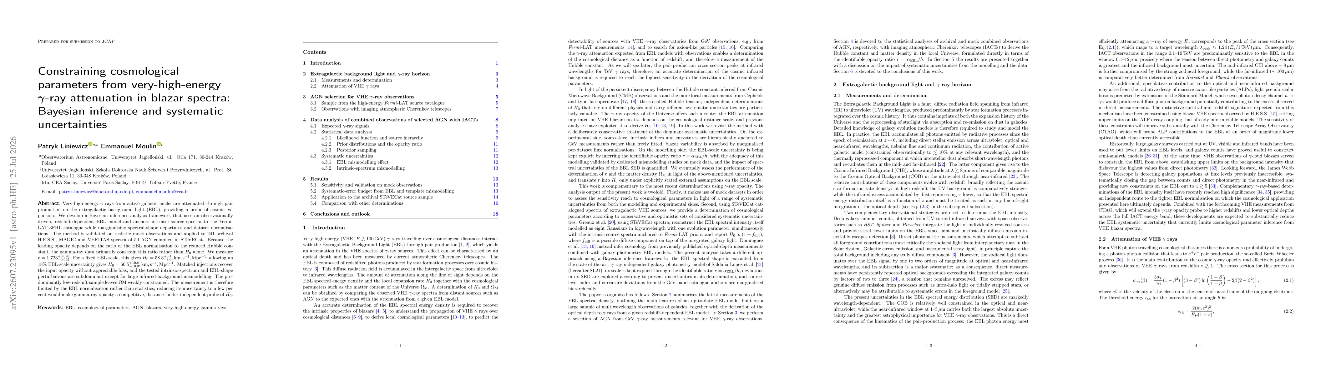 Thumbnail for Constraining cosmological parameters from very-high-energy $γ$-ray attenuation in blazar spectra: Bayesian inference and systematic uncertainties