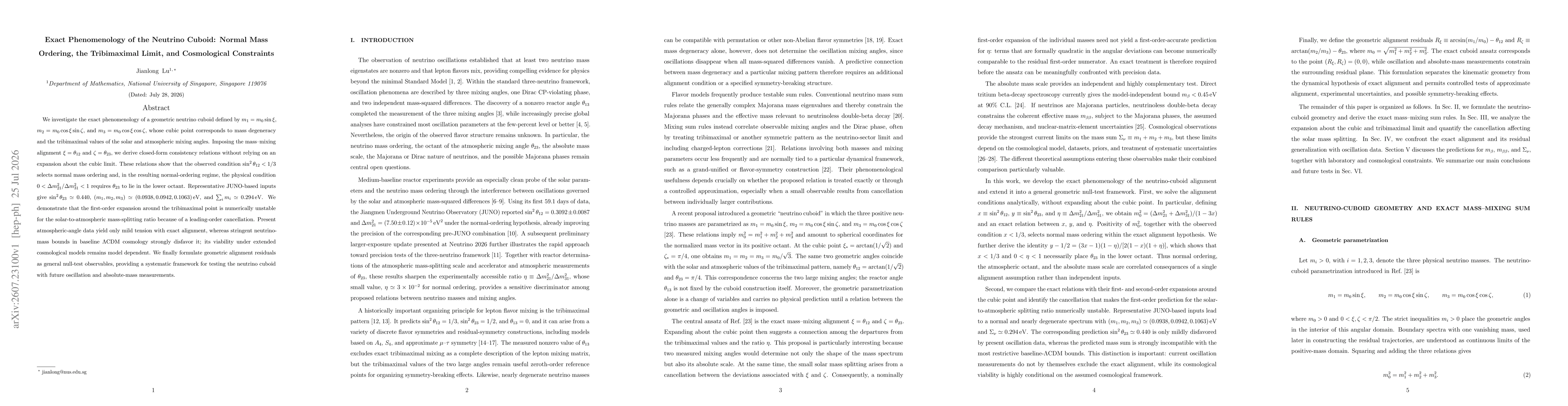 Thumbnail for Exact Phenomenology of the Neutrino Cuboid: Normal Mass Ordering, the Tribimaximal Limit, and Cosmological Constraints