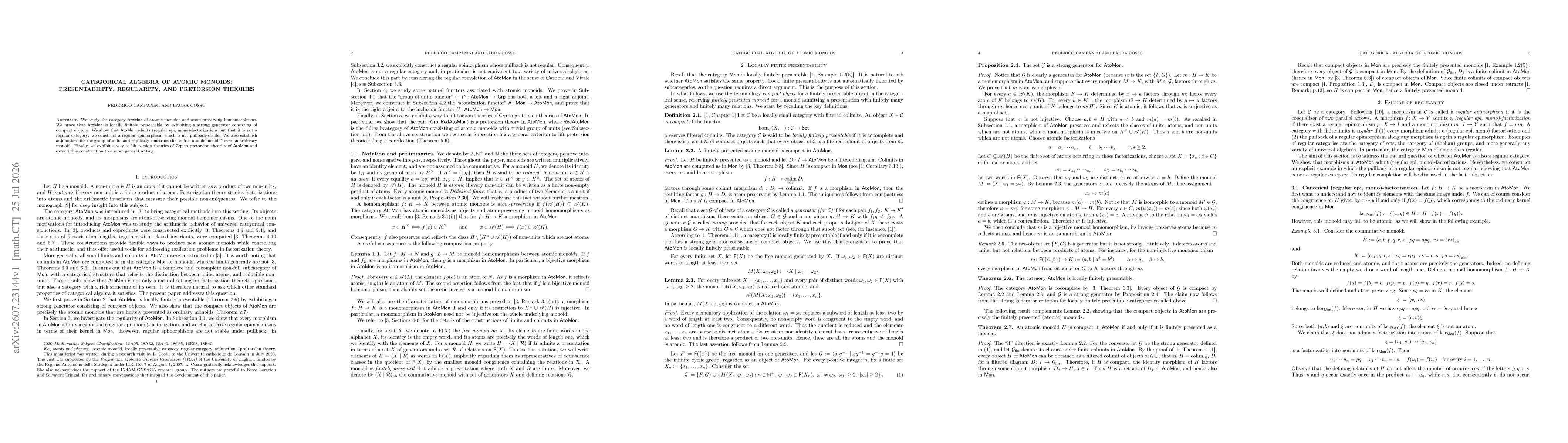 Thumbnail for Categorical Algebra of Atomic Monoids: Presentability, Regularity, and Pretorsion Theories