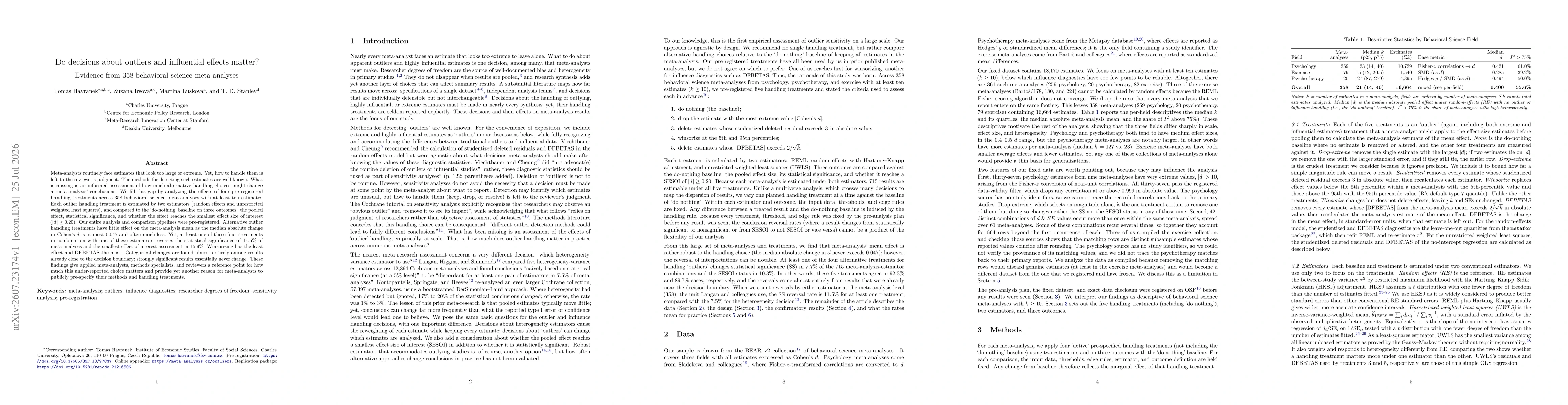 Thumbnail for Do decisions about outliers and influential effects matter? Evidence from 358 behavioral science meta-analyses