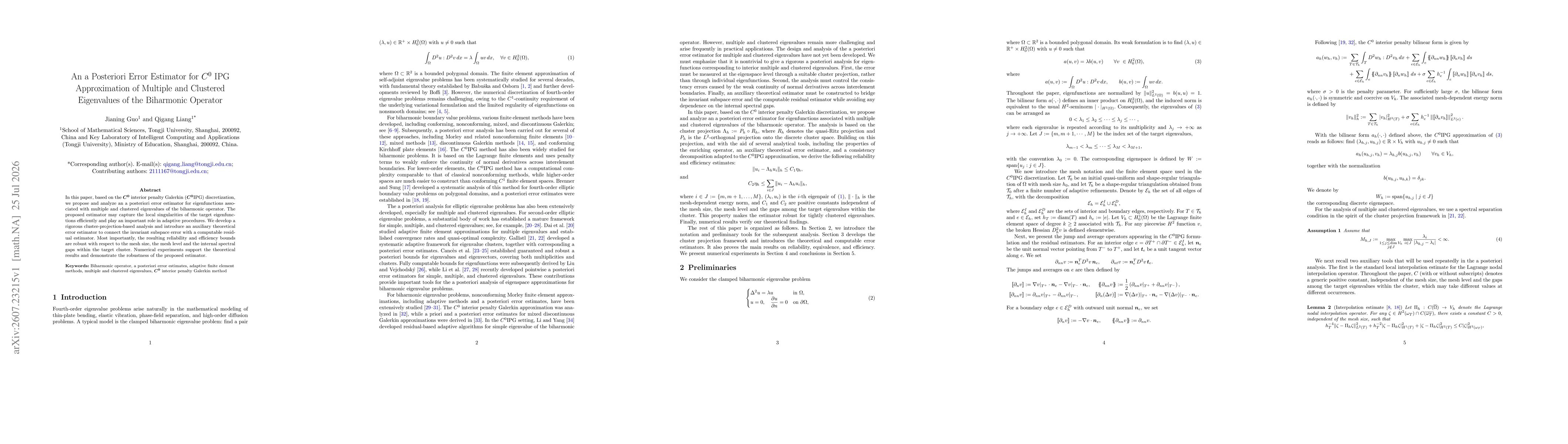 Thumbnail for An a Posteriori Error Estimator for $C^0$ IPG Approximation of Multiple and Clustered Eigenvalues of the Biharmonic Operator