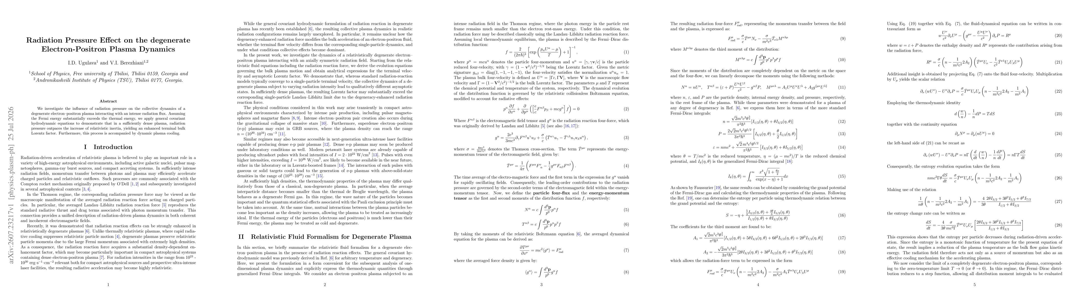 Thumbnail for Radiation Pressure Effect on the degenerate Electron-Positron Plasma Dynamics