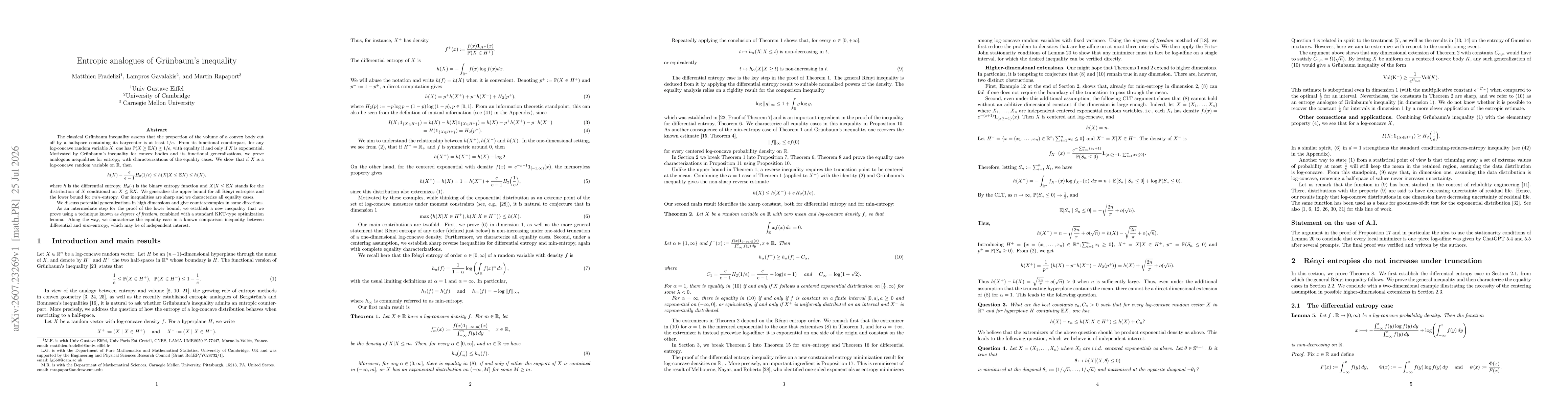 Thumbnail for Entropic analogues of Grünbaum's inequality