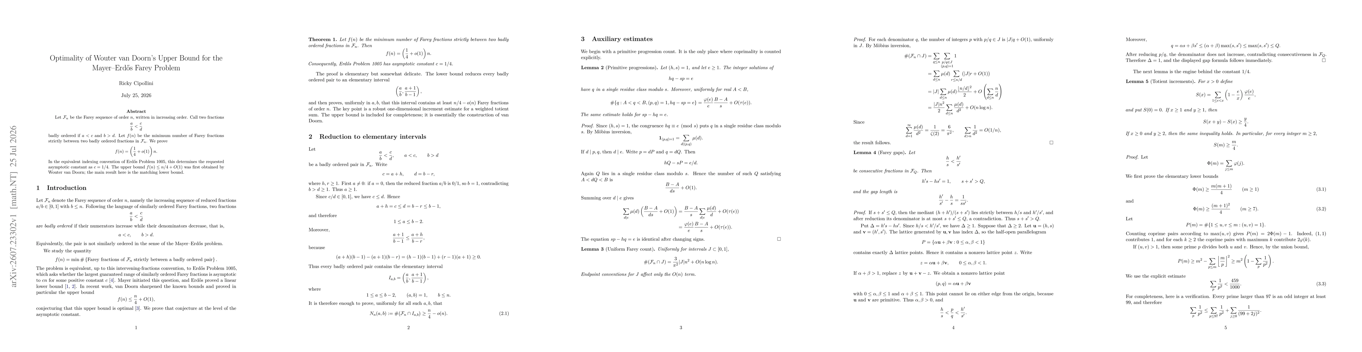 Thumbnail for Optimality of Wouter van Doorn's Upper Bound for the Mayer-Erdős Farey Problem