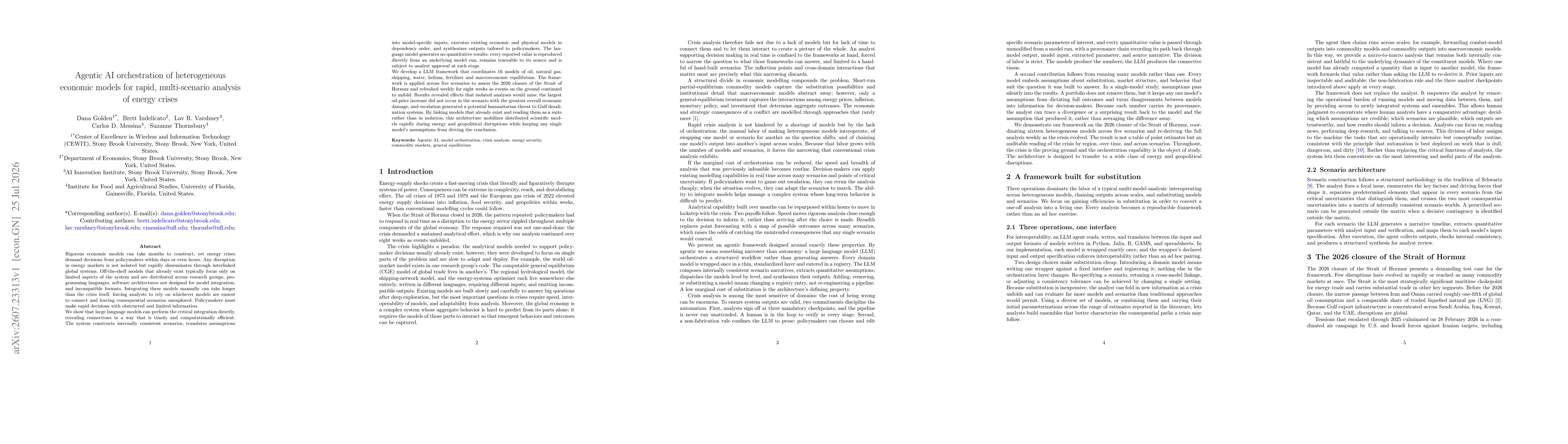 Thumbnail for Agentic AI Orchestration of Heterogeneous Economic Models for Rapid, Multi-scenario Analysis of Energy Crises