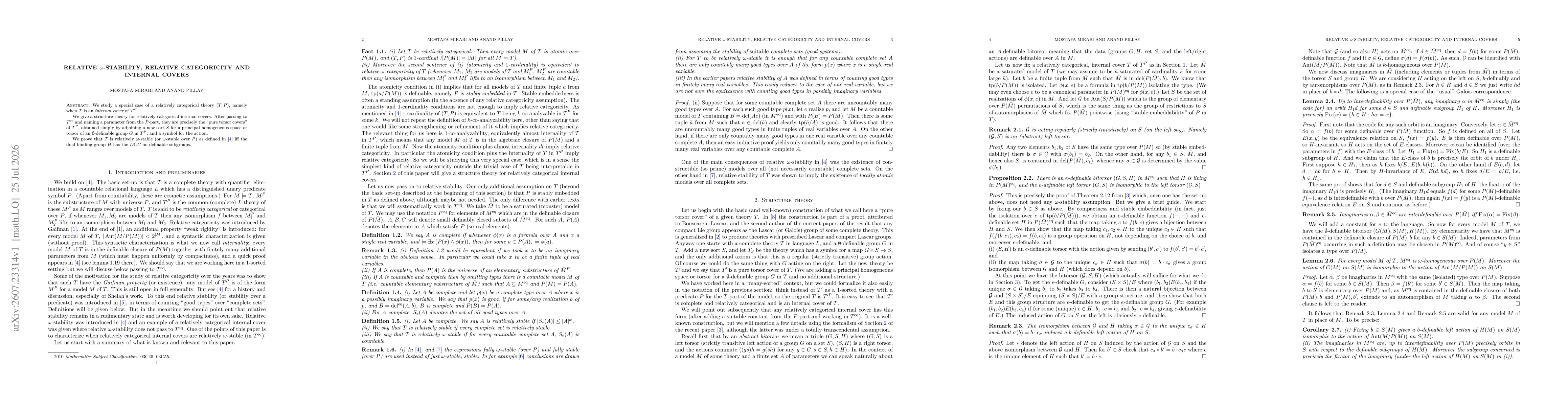 Thumbnail for Relative $ω$-stability, relative categoricity and internal covers