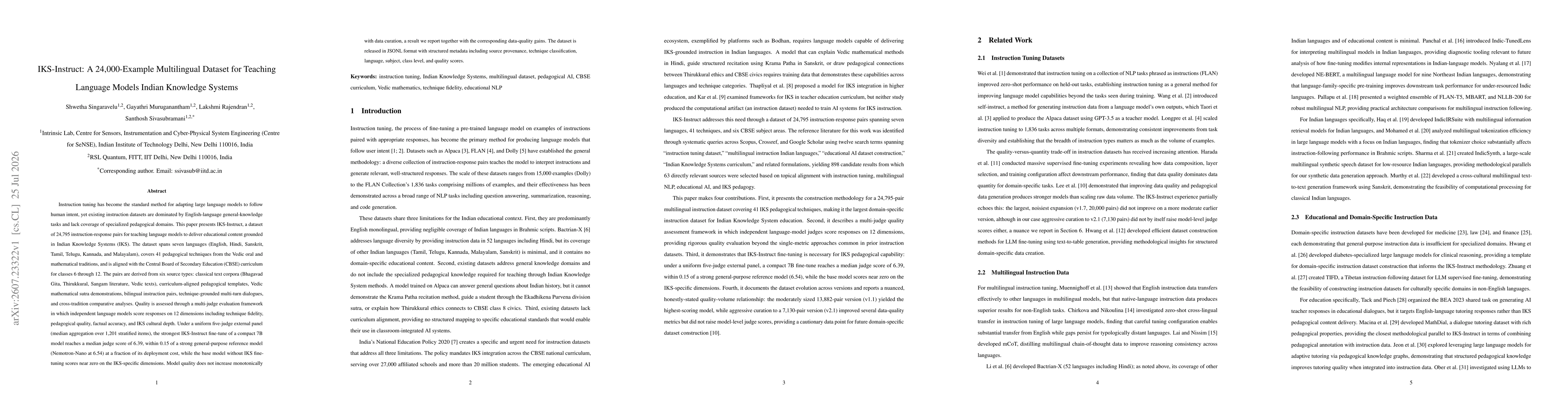 Thumbnail for IKS-Instruct: A 24,000-Example Multilingual Dataset for Teaching Language Models Indian Knowledge Systems