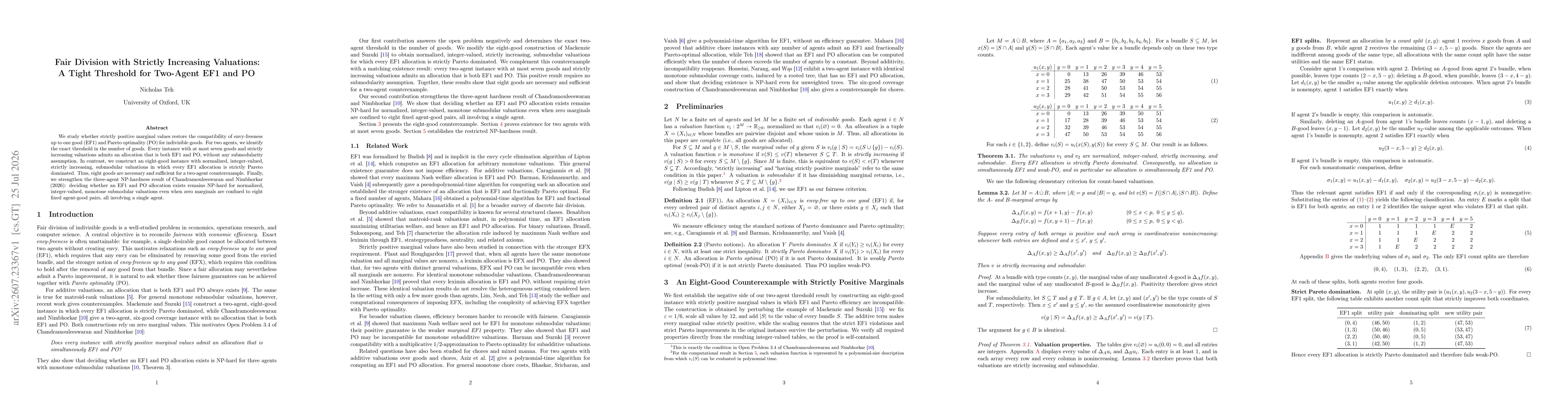 Thumbnail for Fair Division with Strictly Increasing Valuations: A Tight Threshold for Two-Agent EF1 and PO
